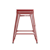 Kai Commercial Grade 24" High Backless Red Metal Indoor-Outdoor Counter Height Stool with Red Poly Resin Wood Seat