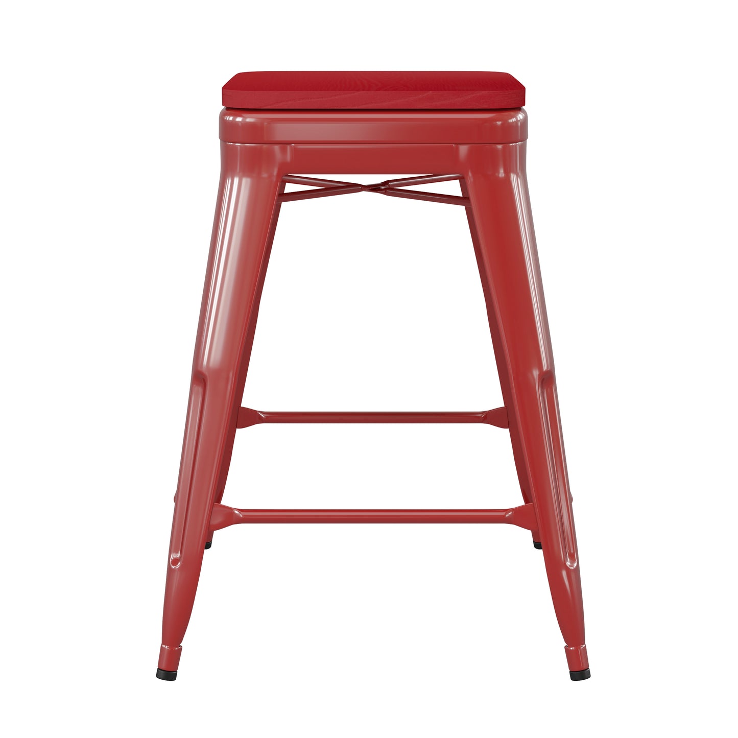 Kai Commercial Grade 24" High Backless Red Metal Indoor-Outdoor Counter Height Stool with Red Poly Resin Wood Seat