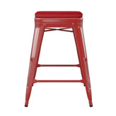 Kai Commercial Grade 24" High Backless Red Metal Indoor-Outdoor Counter Height Stool with Red Poly Resin Wood Seat