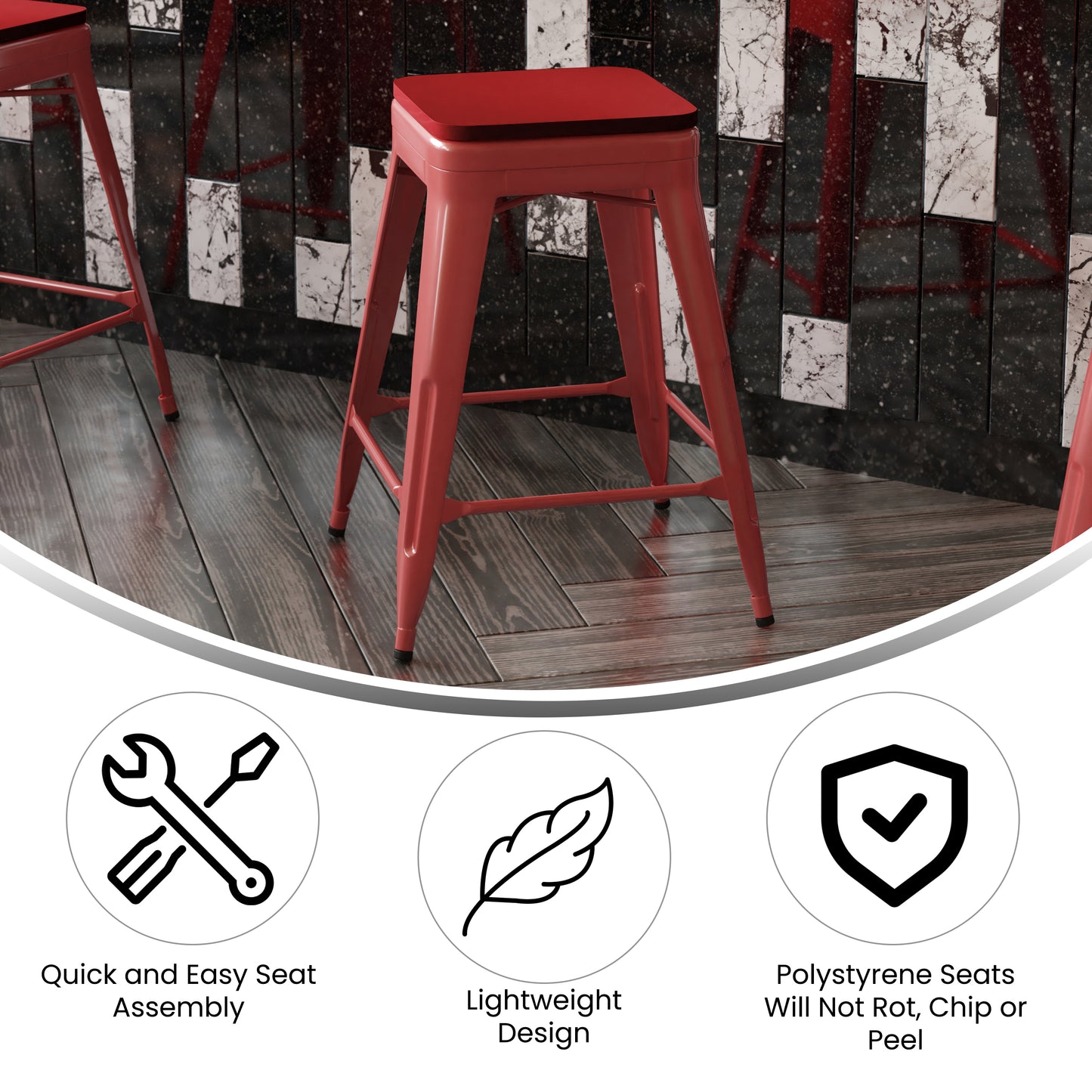 Kai Commercial Grade 24" High Backless Red Metal Indoor-Outdoor Counter Height Stool with Red Poly Resin Wood Seat