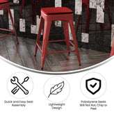 Kai Commercial Grade 24" High Backless Red Metal Indoor-Outdoor Counter Height Stool with Red Poly Resin Wood Seat