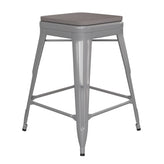 Kai Commercial Grade 24" High Backless Silver Metal Indoor-Outdoor Counter Height Stool with Gray Poly Resin Wood Seat