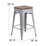 Kai Commercial Grade 24" High Backless Silver Metal Indoor-Outdoor Counter Height Stool with Gray Poly Resin Wood Seat