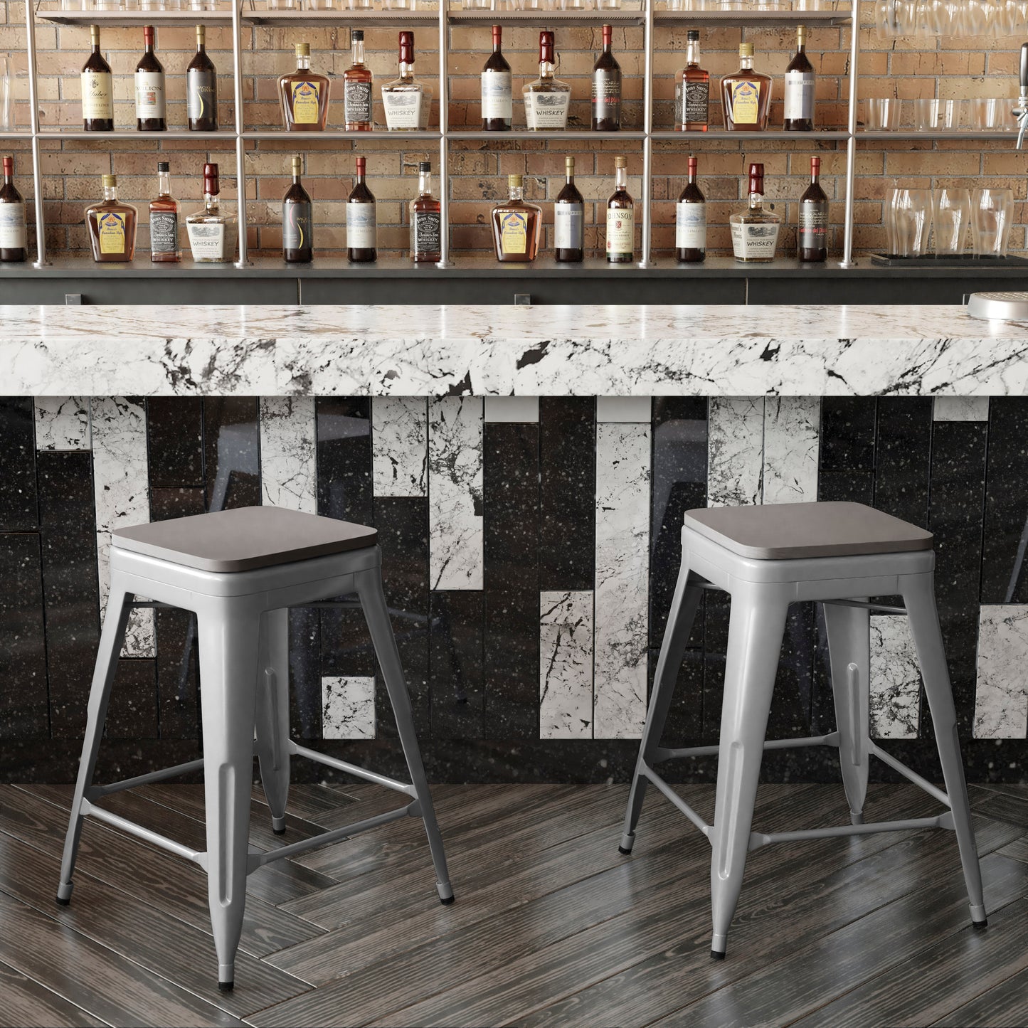 Kai Commercial Grade 24" High Backless Silver Metal Indoor-Outdoor Counter Height Stool with Gray Poly Resin Wood Seat