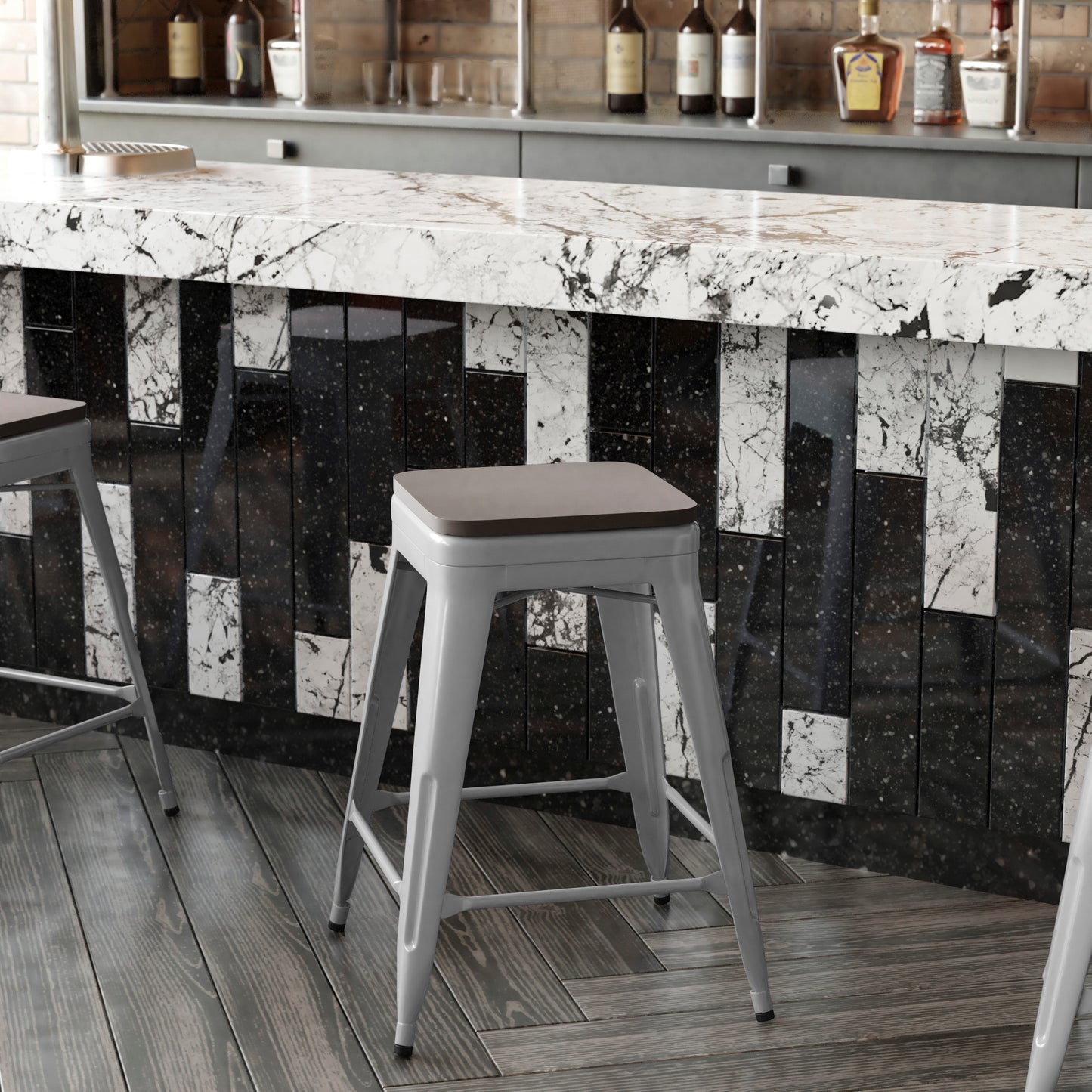 Kai Commercial Grade 24" High Backless Silver Metal Indoor-Outdoor Counter Height Stool with Gray Poly Resin Wood Seat