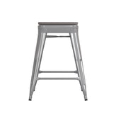 Kai Commercial Grade 24" High Backless Silver Metal Indoor-Outdoor Counter Height Stool with Gray Poly Resin Wood Seat