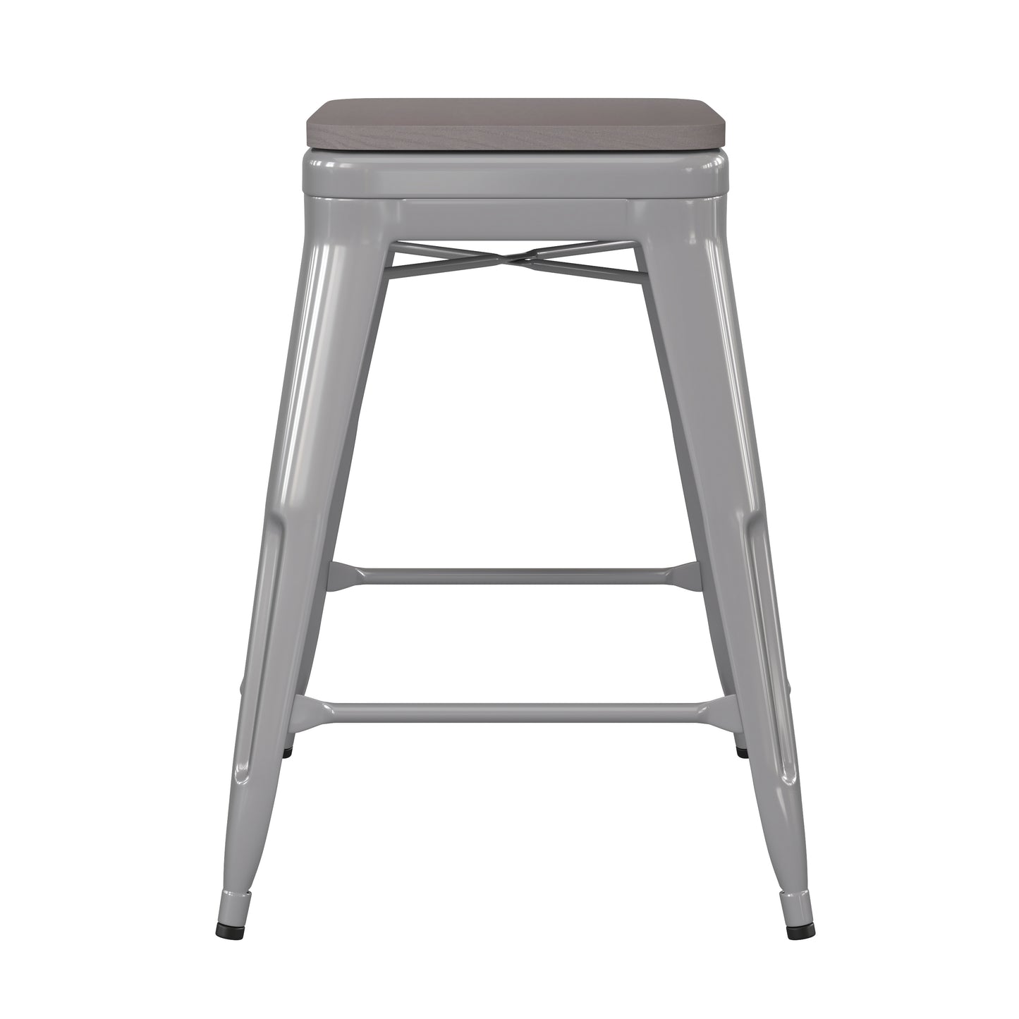 Kai Commercial Grade 24" High Backless Silver Metal Indoor-Outdoor Counter Height Stool with Gray Poly Resin Wood Seat