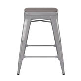 Kai Commercial Grade 24" High Backless Silver Metal Indoor-Outdoor Counter Height Stool with Gray Poly Resin Wood Seat