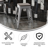 Kai Commercial Grade 24" High Backless Silver Metal Indoor-Outdoor Counter Height Stool with Gray Poly Resin Wood Seat