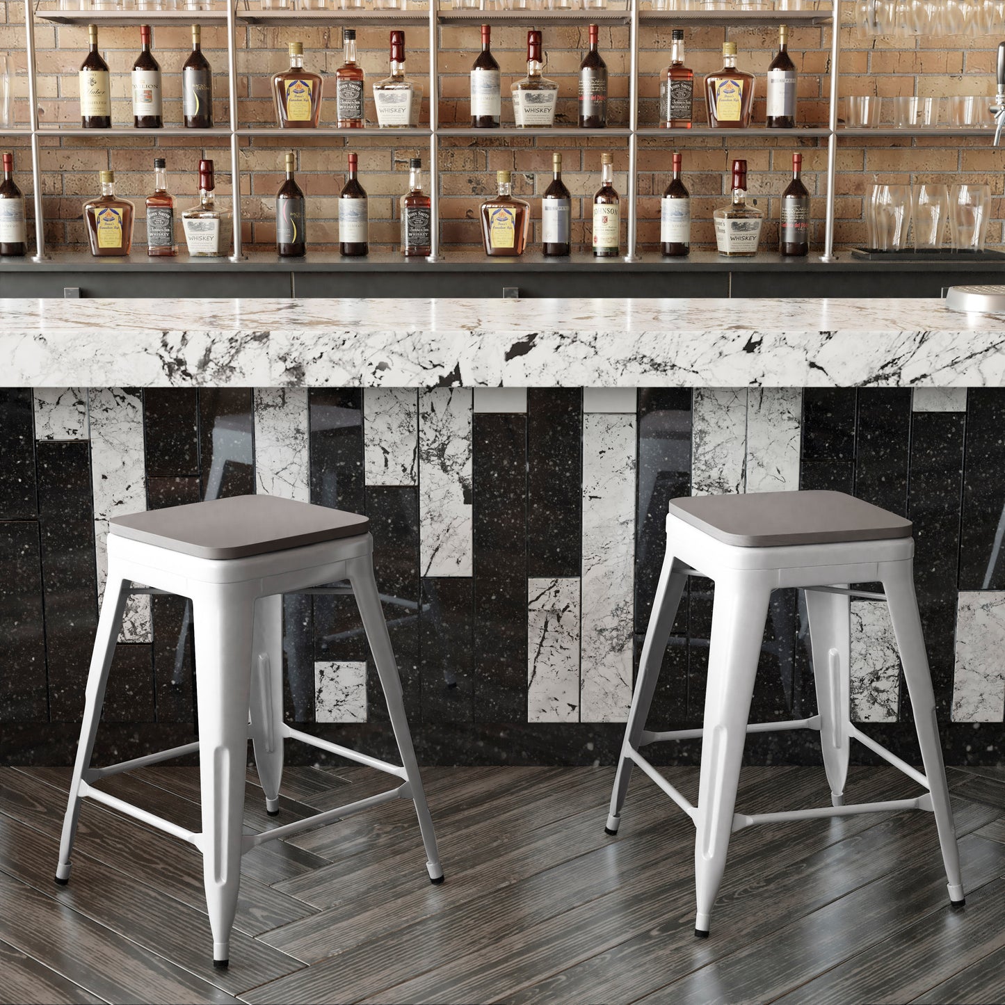 Kai Commercial Grade 24" High Backless White Metal Indoor-Outdoor Counter Height Stool with Gray Poly Resin Wood Seat