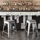 Kai Commercial Grade 24" High Backless White Metal Indoor-Outdoor Counter Height Stool with Gray Poly Resin Wood Seat