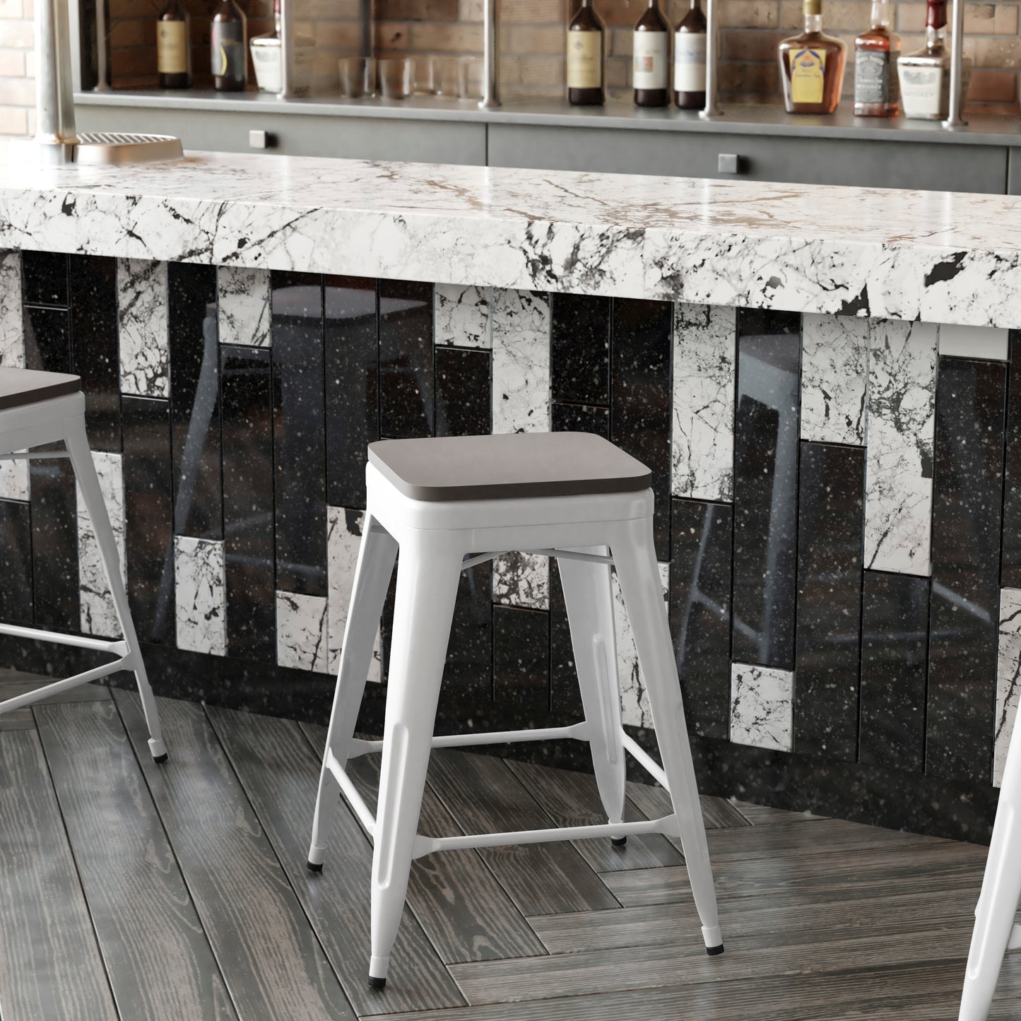 Kai Commercial Grade 24" High Backless White Metal Indoor-Outdoor Counter Height Stool with Gray Poly Resin Wood Seat