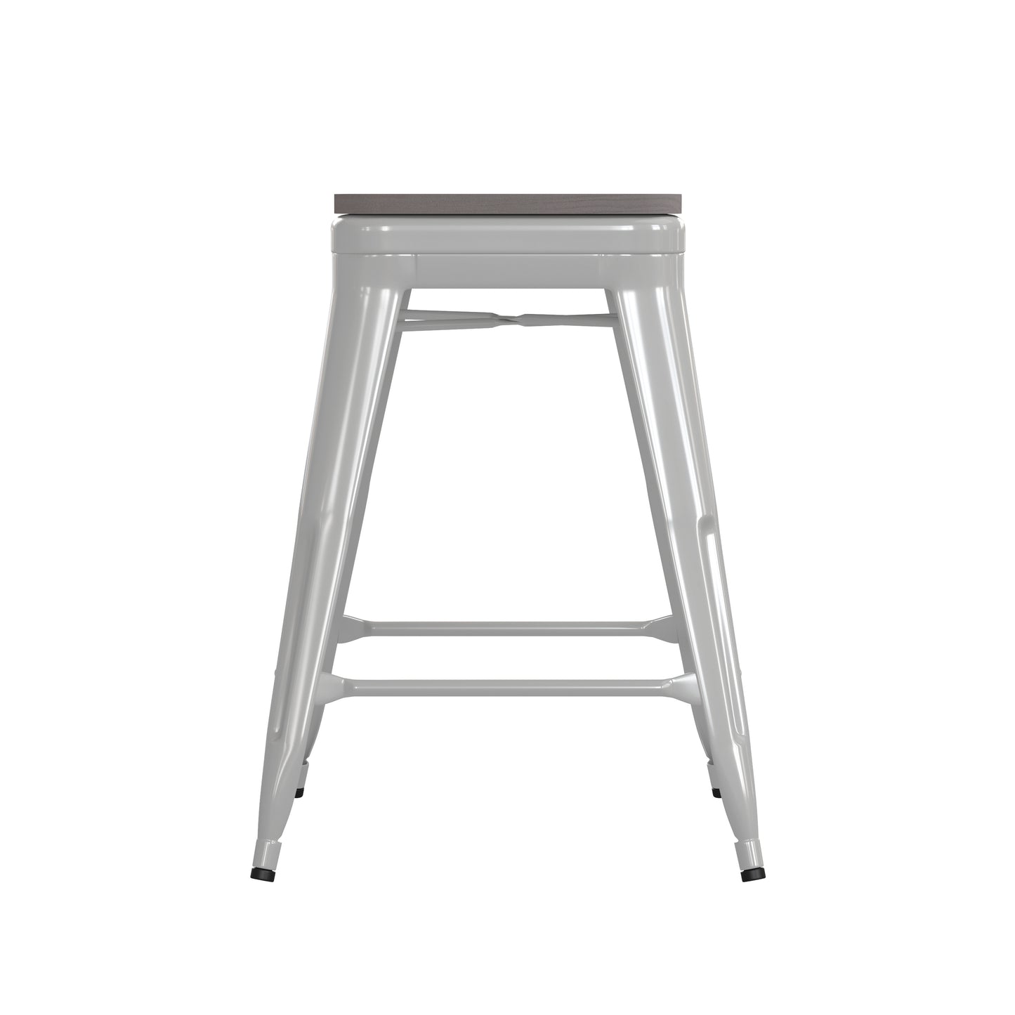 Kai Commercial Grade 24" High Backless White Metal Indoor-Outdoor Counter Height Stool with Gray Poly Resin Wood Seat