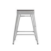 Kai Commercial Grade 24" High Backless White Metal Indoor-Outdoor Counter Height Stool with Gray Poly Resin Wood Seat