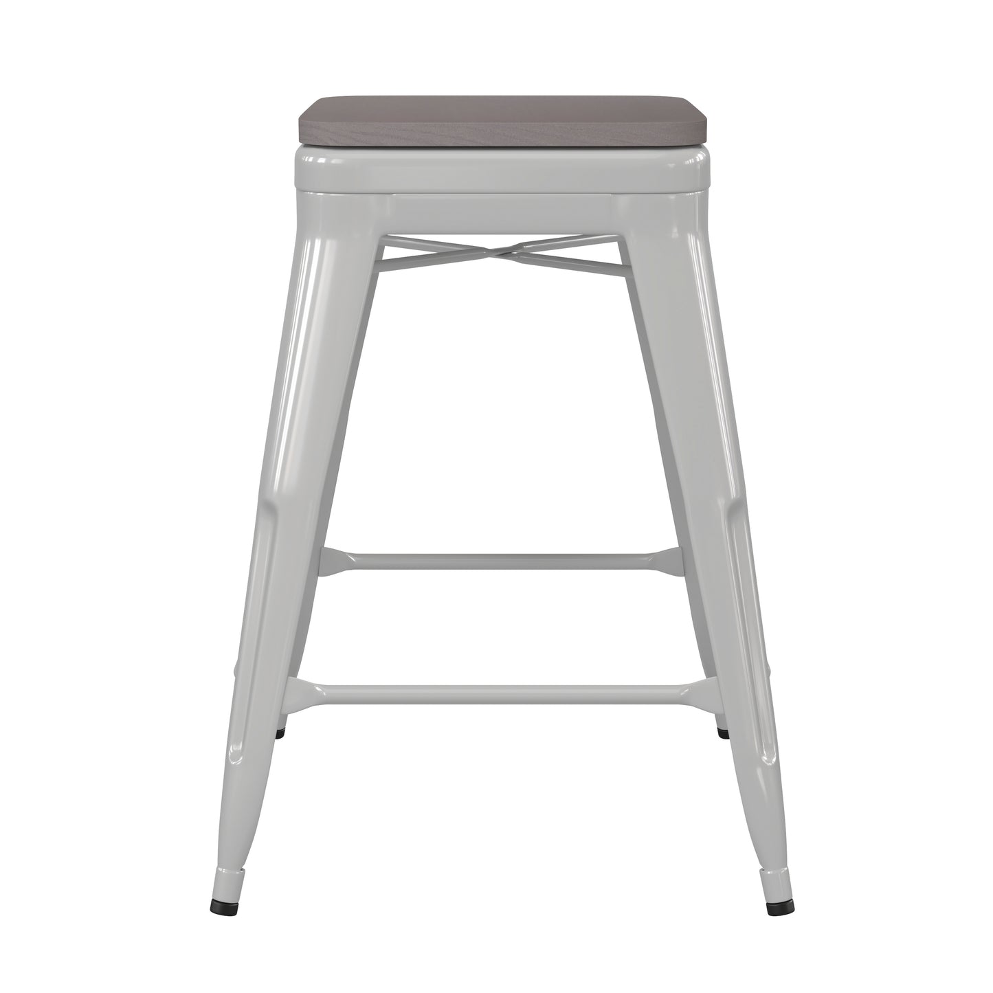 Kai Commercial Grade 24" High Backless White Metal Indoor-Outdoor Counter Height Stool with Gray Poly Resin Wood Seat