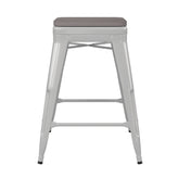 Kai Commercial Grade 24" High Backless White Metal Indoor-Outdoor Counter Height Stool with Gray Poly Resin Wood Seat