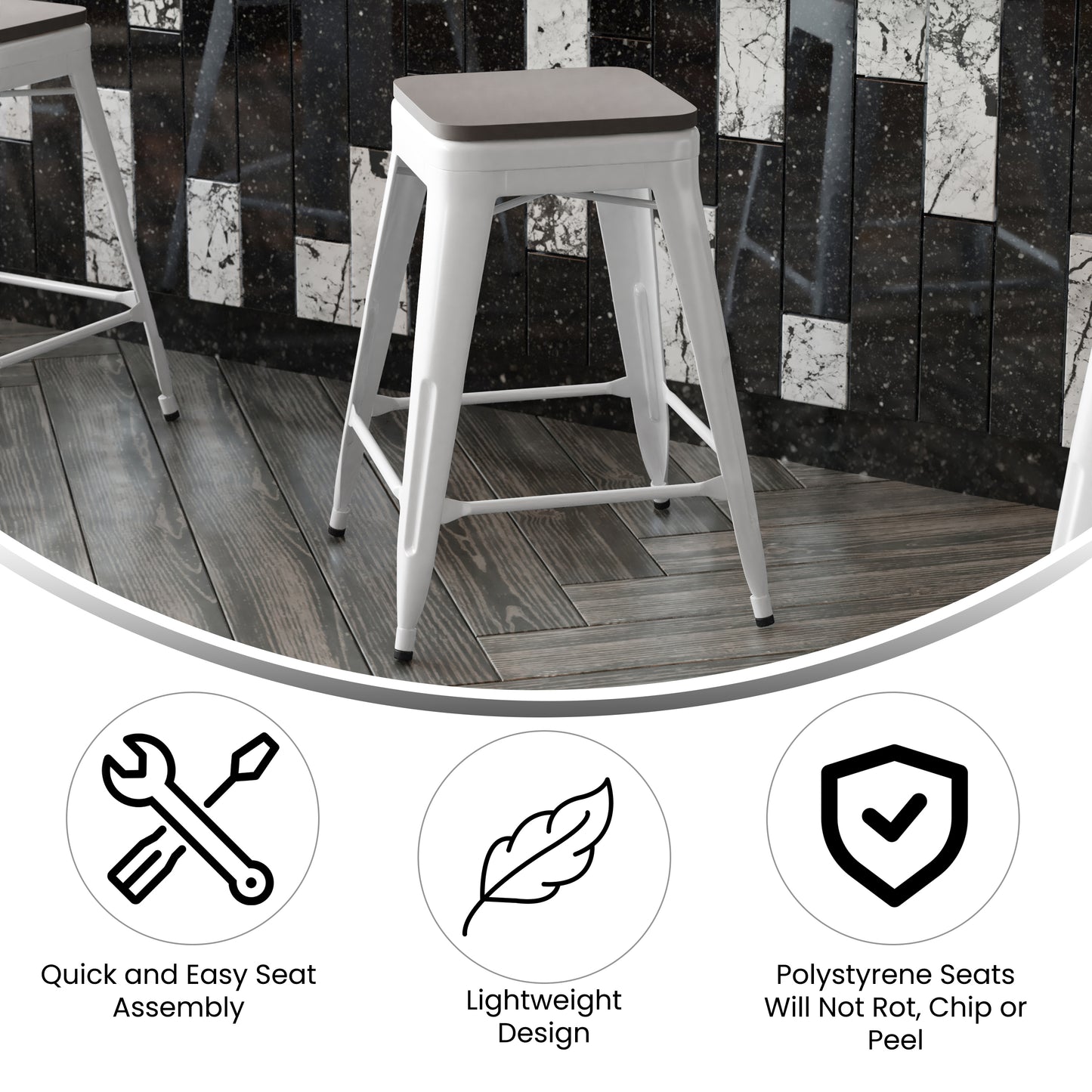Kai Commercial Grade 24" High Backless White Metal Indoor-Outdoor Counter Height Stool with Gray Poly Resin Wood Seat