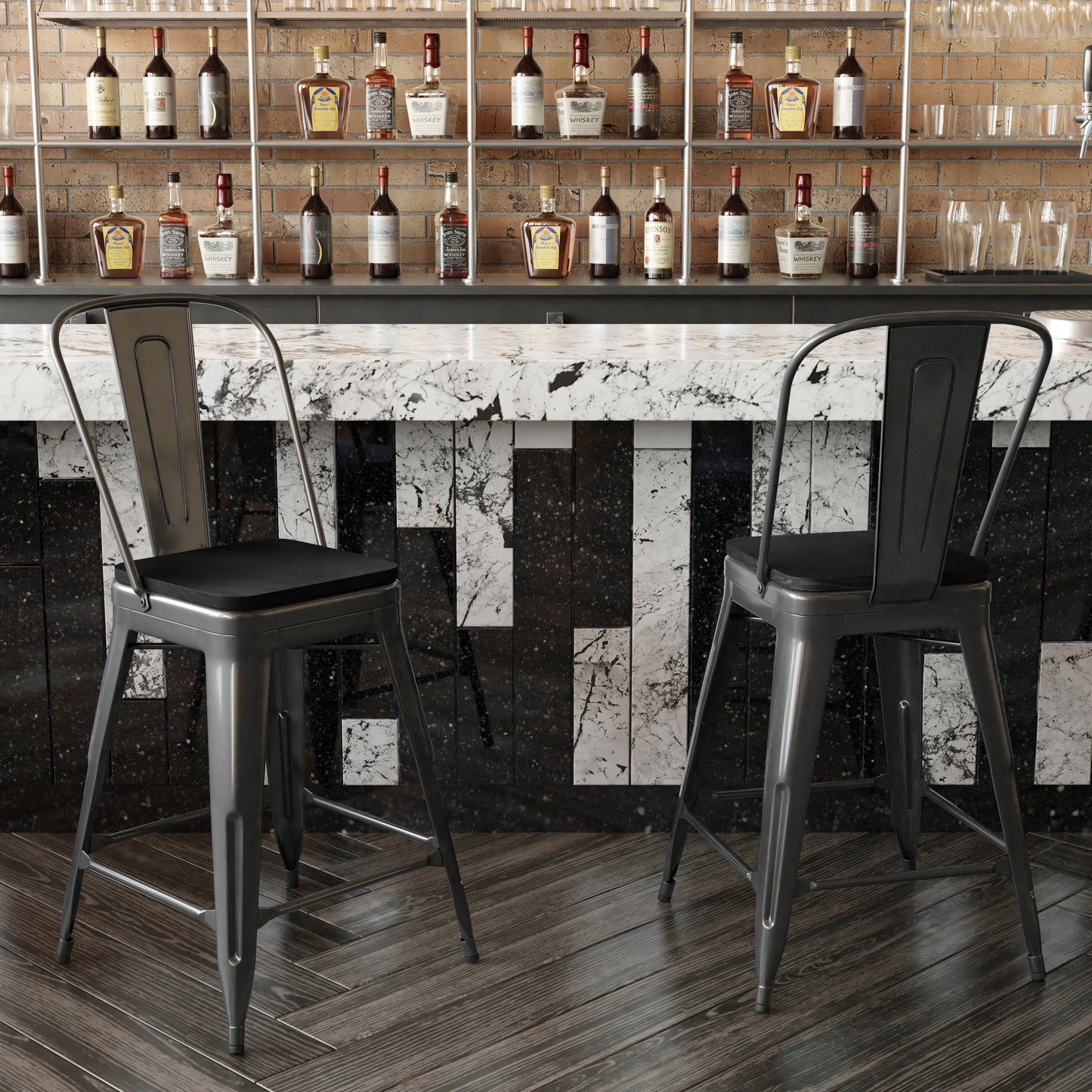 Kai Commercial Grade 24" High Black Metal Indoor-Outdoor Counter Height Stool with Removable Back and Black All-Weather Poly Resin Seat