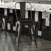 Kai Commercial Grade 24" High Black Metal Indoor-Outdoor Counter Height Stool with Removable Back and Black All-Weather Poly Resin Seat
