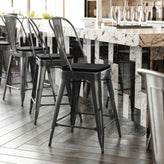 Kai Commercial Grade 24" High Black Metal Indoor-Outdoor Counter Height Stool with Removable Back and Black All-Weather Poly Resin Seat