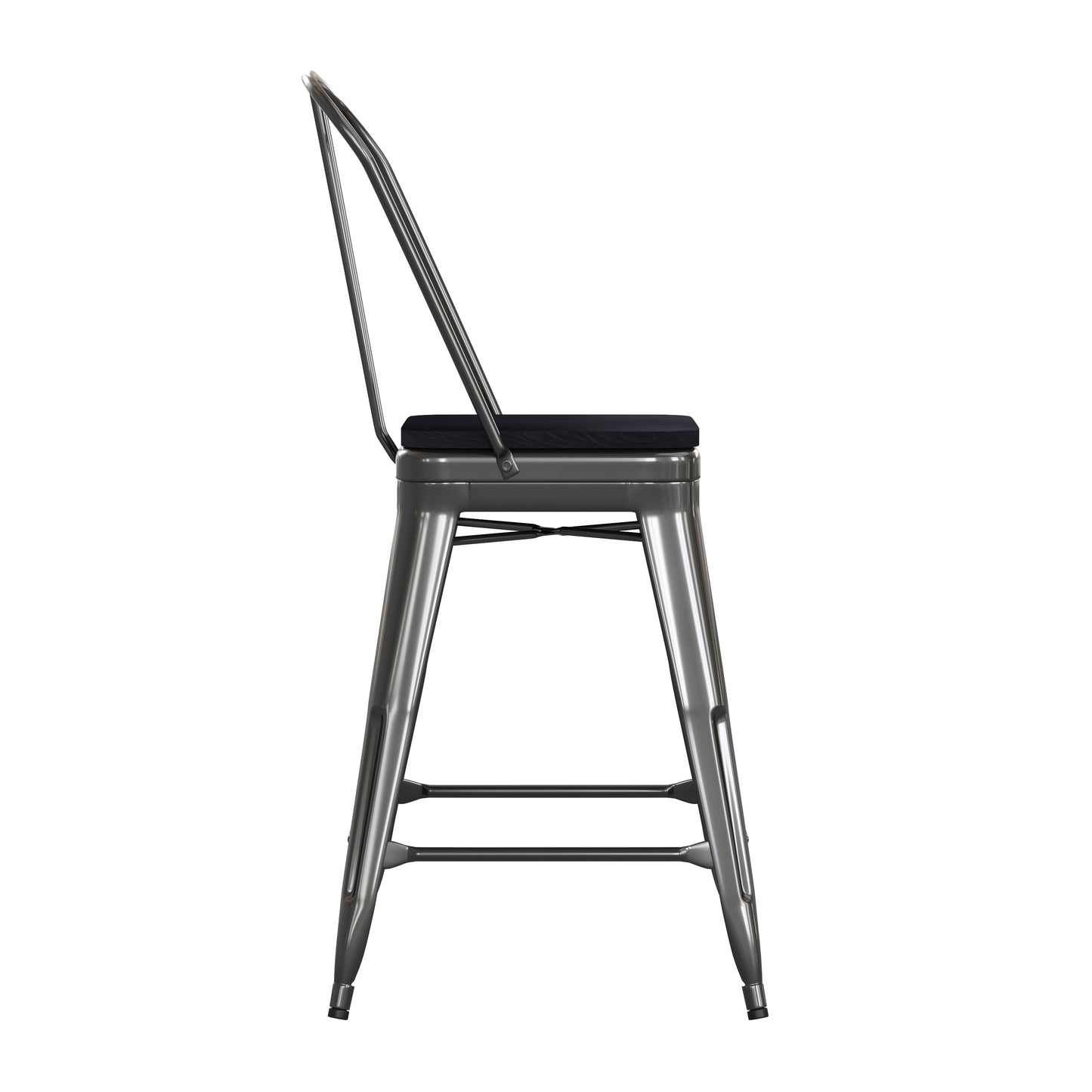 Kai Commercial Grade 24" High Black Metal Indoor-Outdoor Counter Height Stool with Removable Back and Black All-Weather Poly Resin Seat
