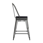 Kai Commercial Grade 24" High Black Metal Indoor-Outdoor Counter Height Stool with Removable Back and Black All-Weather Poly Resin Seat
