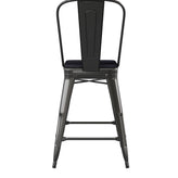Kai Commercial Grade 24" High Black Metal Indoor-Outdoor Counter Height Stool with Removable Back and Black All-Weather Poly Resin Seat