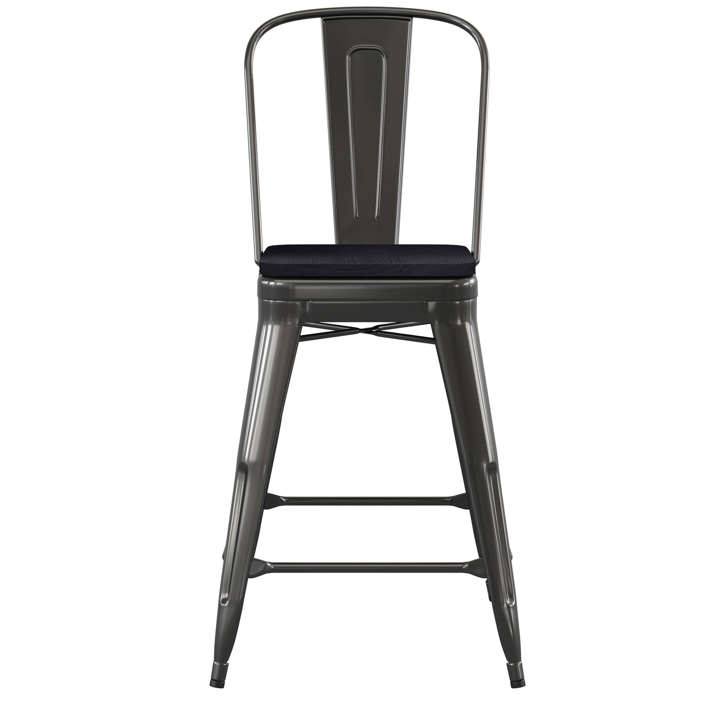 Kai Commercial Grade 24" High Black Metal Indoor-Outdoor Counter Height Stool with Removable Back and Black All-Weather Poly Resin Seat