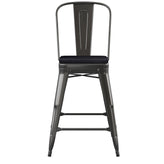 Kai Commercial Grade 24" High Black Metal Indoor-Outdoor Counter Height Stool with Removable Back and Black All-Weather Poly Resin Seat