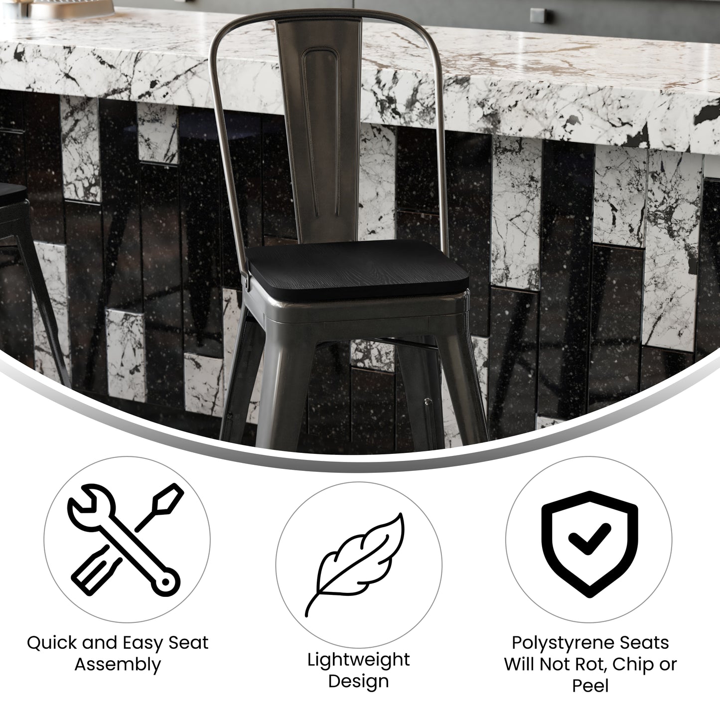 Kai Commercial Grade 24" High Black Metal Indoor-Outdoor Counter Height Stool with Removable Back and Black All-Weather Poly Resin Seat
