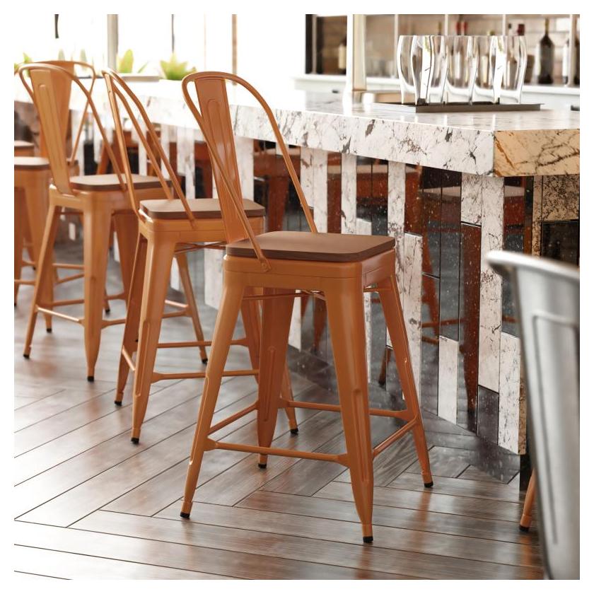 24" High Tolix Counter Height Stool with Back and Faux Teak Seat