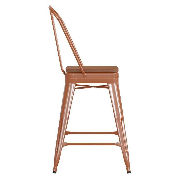 24" High Tolix Counter Height Stool with Back and Faux Teak Seat