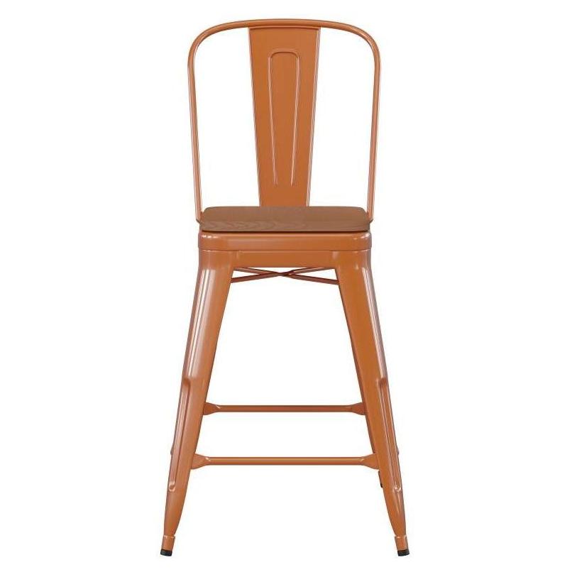 24" High Tolix Counter Height Stool with Back and Faux Teak Seat