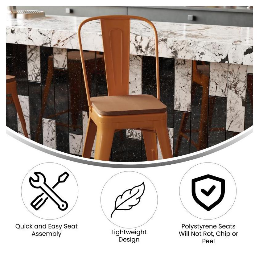 24" High Tolix Counter Height Stool with Back and Faux Teak Seat