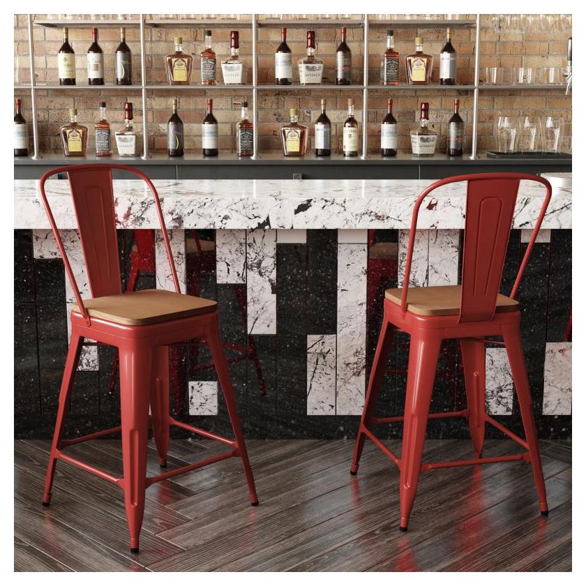 24" High Tolix Counter Height Stool with Back and Faux Teak Seat