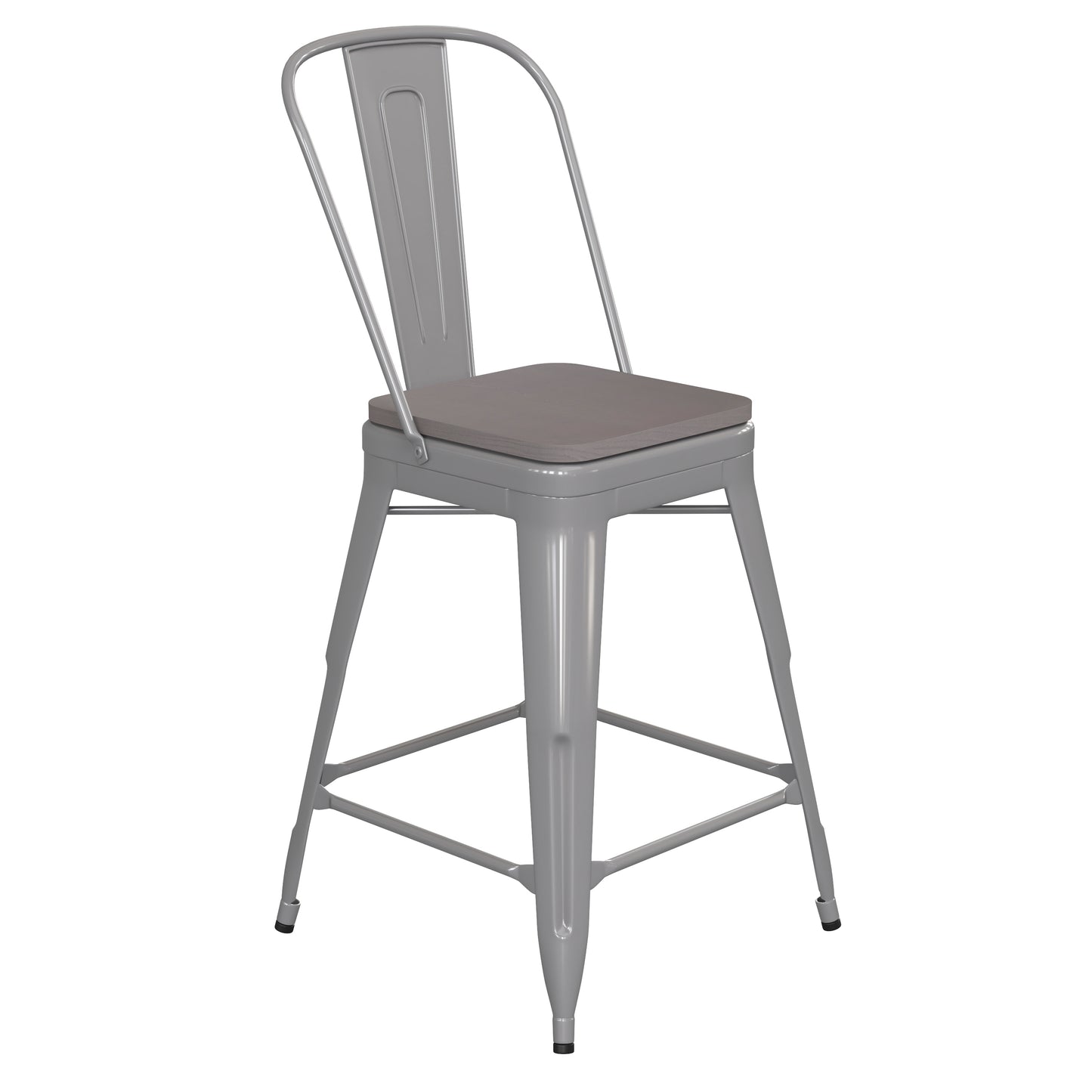Kai Commercial Grade 24" High Silver Metal Indoor-Outdoor Counter Height Stool with Removable Back and Gray All-Weather Poly Resin Seat