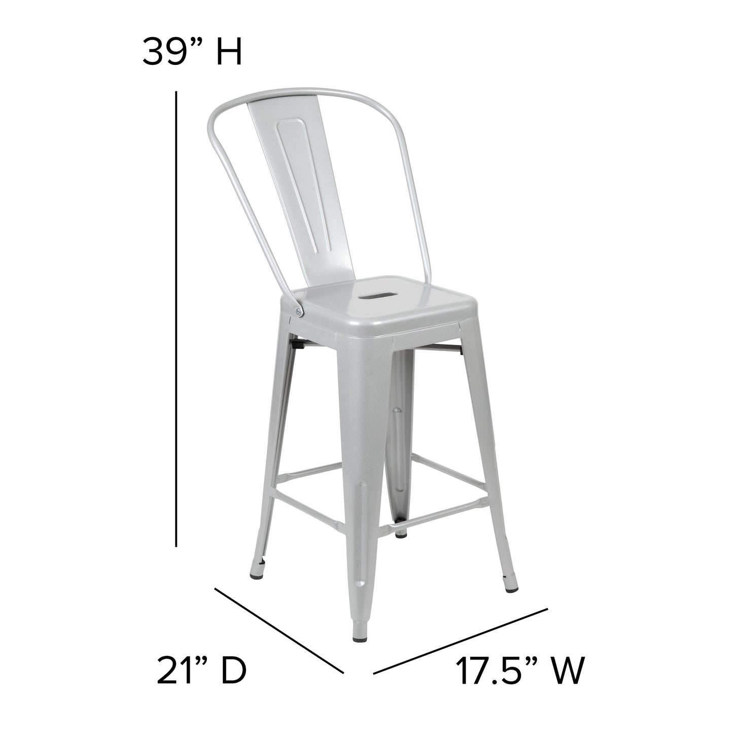 Kai Commercial Grade 24" High Silver Metal Indoor-Outdoor Counter Height Stool with Removable Back and Gray All-Weather Poly Resin Seat