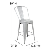 Kai Commercial Grade 24" High Silver Metal Indoor-Outdoor Counter Height Stool with Removable Back and Gray All-Weather Poly Resin Seat