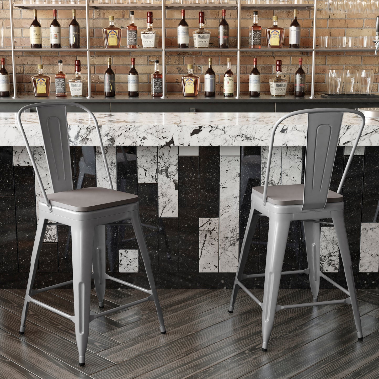 Kai Commercial Grade 24" High Silver Metal Indoor-Outdoor Counter Height Stool with Removable Back and Gray All-Weather Poly Resin Seat