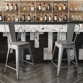 Kai Commercial Grade 24" High Silver Metal Indoor-Outdoor Counter Height Stool with Removable Back and Gray All-Weather Poly Resin Seat