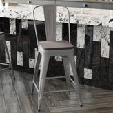 Kai Commercial Grade 24" High Silver Metal Indoor-Outdoor Counter Height Stool with Removable Back and Gray All-Weather Poly Resin Seat