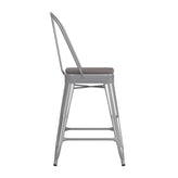 Kai Commercial Grade 24" High Silver Metal Indoor-Outdoor Counter Height Stool with Removable Back and Gray All-Weather Poly Resin Seat