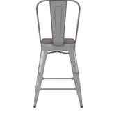 Kai Commercial Grade 24" High Silver Metal Indoor-Outdoor Counter Height Stool with Removable Back and Gray All-Weather Poly Resin Seat