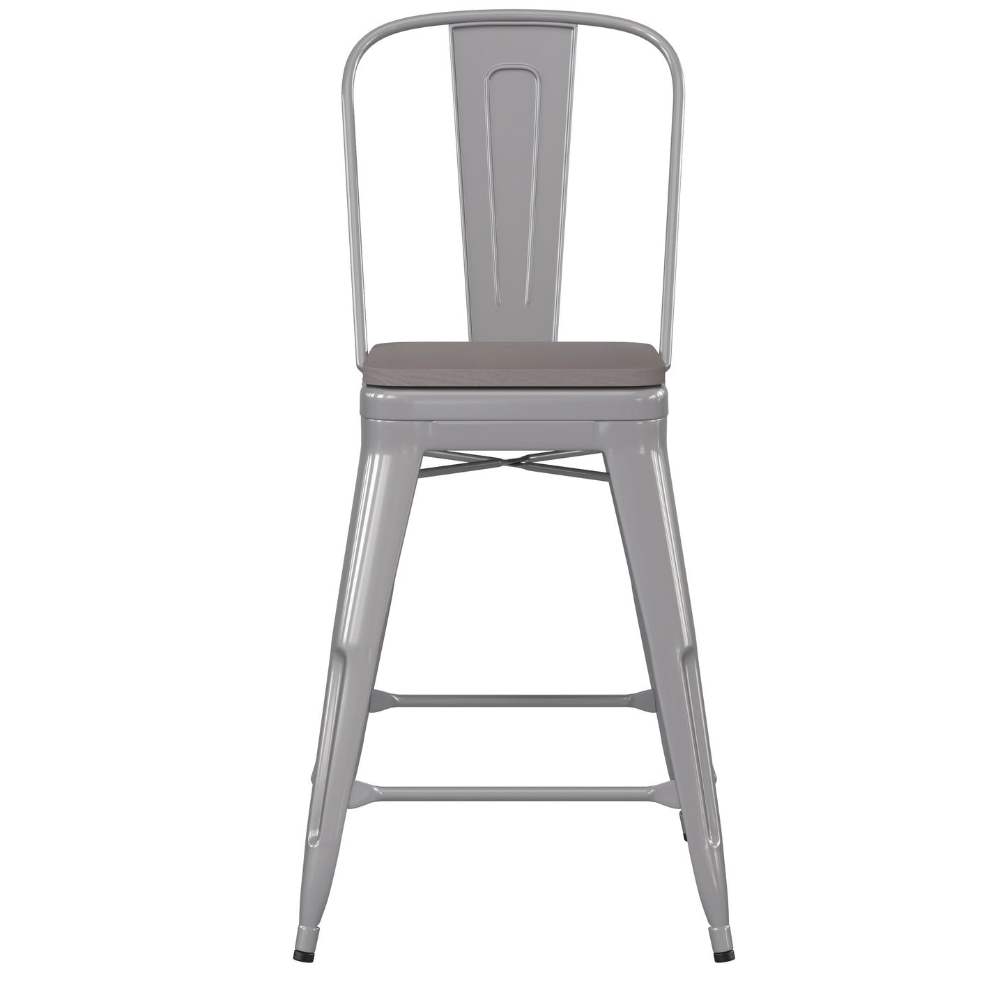 Kai Commercial Grade 24" High Silver Metal Indoor-Outdoor Counter Height Stool with Removable Back and Gray All-Weather Poly Resin Seat