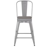 Kai Commercial Grade 24" High Silver Metal Indoor-Outdoor Counter Height Stool with Removable Back and Gray All-Weather Poly Resin Seat