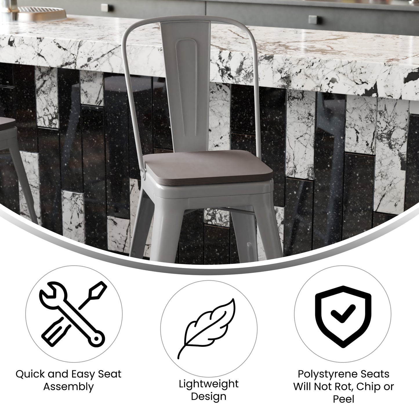 Kai Commercial Grade 24" High Silver Metal Indoor-Outdoor Counter Height Stool with Removable Back and Gray All-Weather Poly Resin Seat