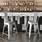 Kai Commercial Grade 24" High White Metal Indoor-Outdoor Counter Height Stool with Removable Back and Gray All-Weather Poly Resin Seat