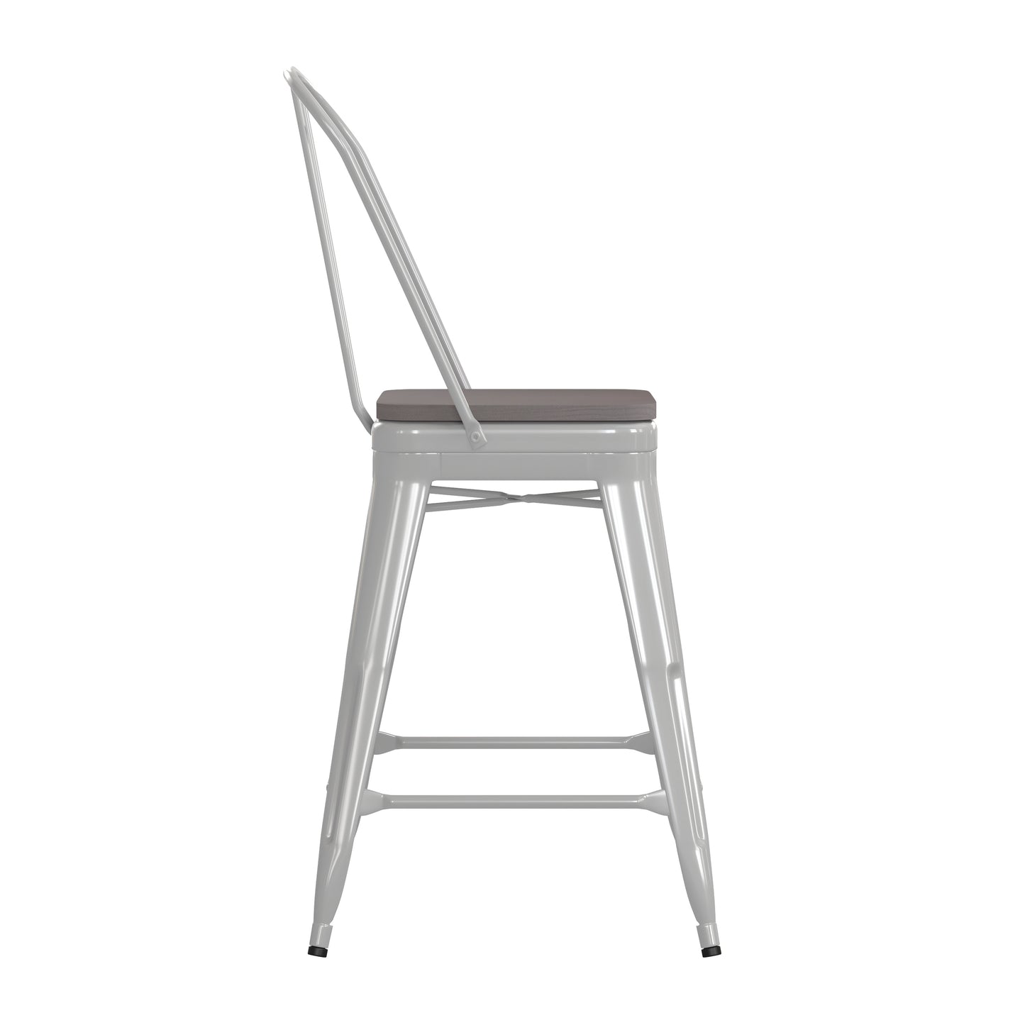 Kai Commercial Grade 24" High White Metal Indoor-Outdoor Counter Height Stool with Removable Back and Gray All-Weather Poly Resin Seat