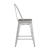 Kai Commercial Grade 24" High White Metal Indoor-Outdoor Counter Height Stool with Removable Back and Gray All-Weather Poly Resin Seat