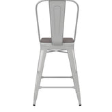 Kai Commercial Grade 24" High White Metal Indoor-Outdoor Counter Height Stool with Removable Back and Gray All-Weather Poly Resin Seat